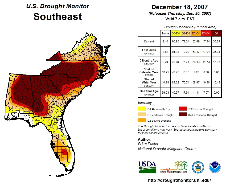 National drought monitor map from 2008 shows extreme and exceptional drought conditions throughout the Southeast United States.